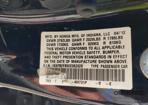 2012 Honda Civic Ex from USA, damaged, VIN 19XFB2F85CE063328